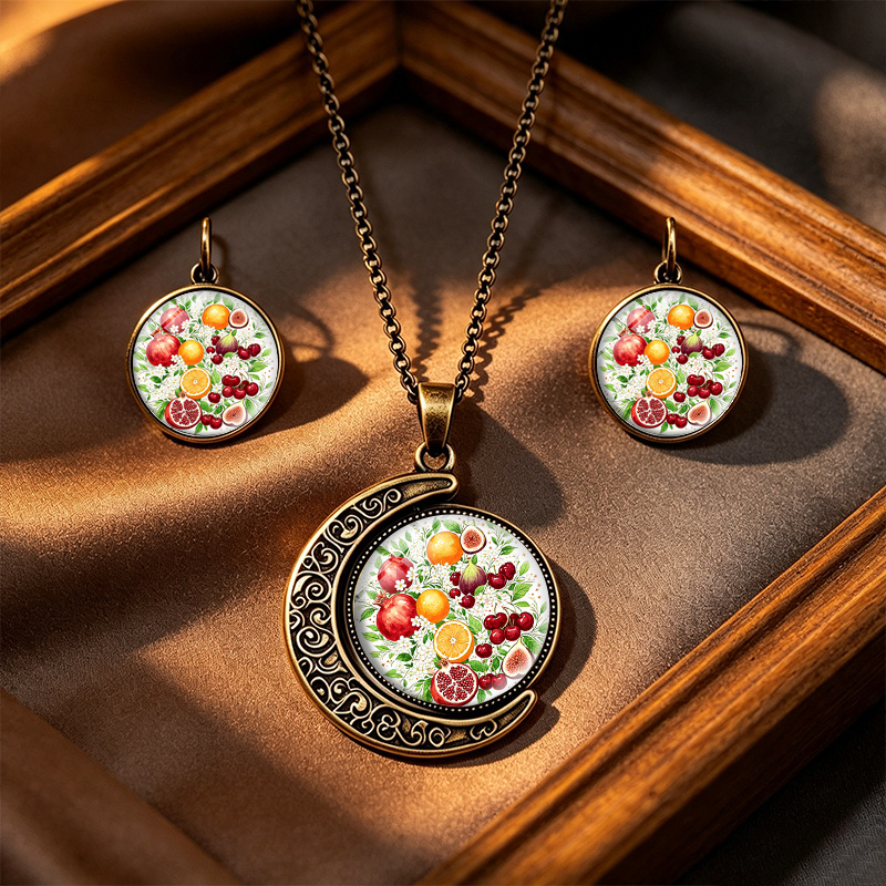 3pcs Watercolor Pomegranate, Orange, Fig & Cherry Necklace Set